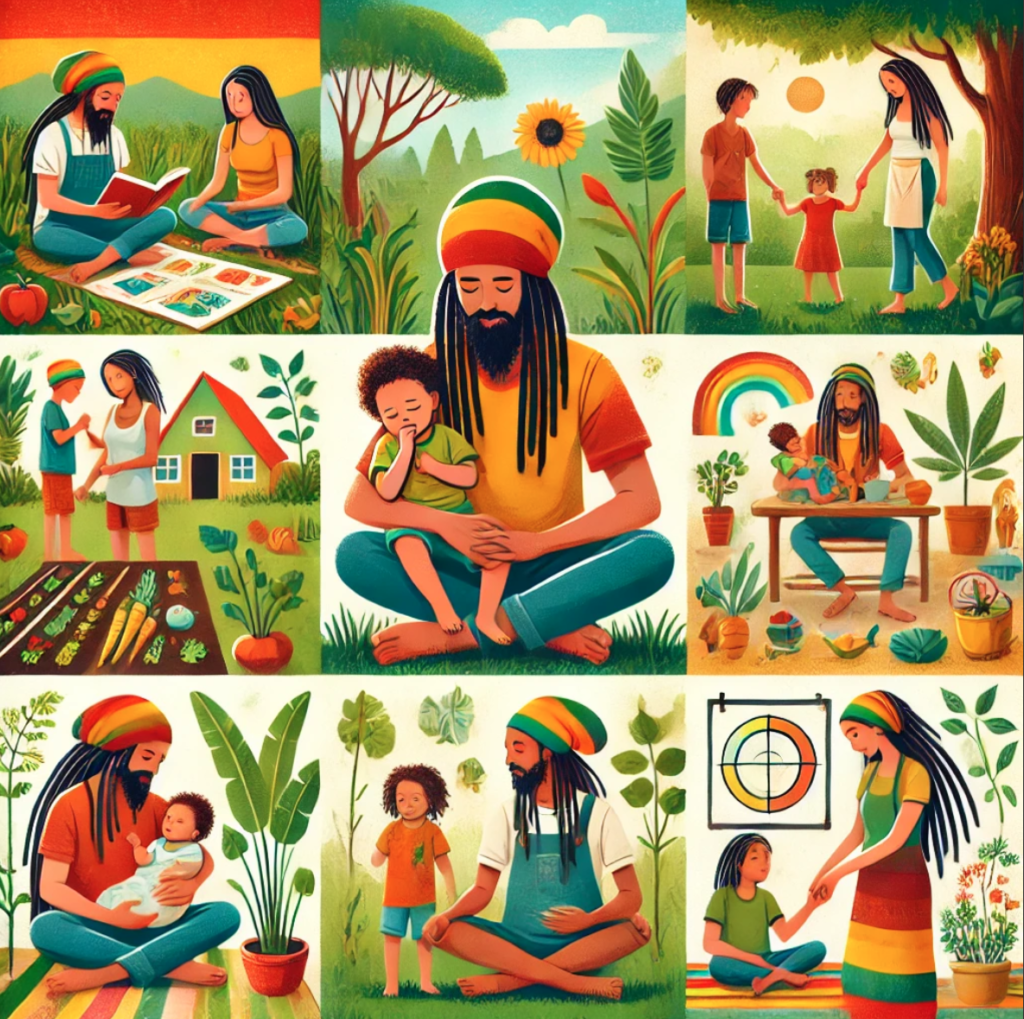 Rastafarian parents and children engaging in activities like gardening, praying, and spending time in nature, emphasizing holistic and loving parenting.